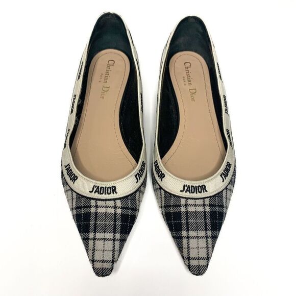 Dior J'Adior Tartan Print Wool Pointed Flats Logo Ribbon Trim EU 39 US 9 Black - Picture 2 of 11